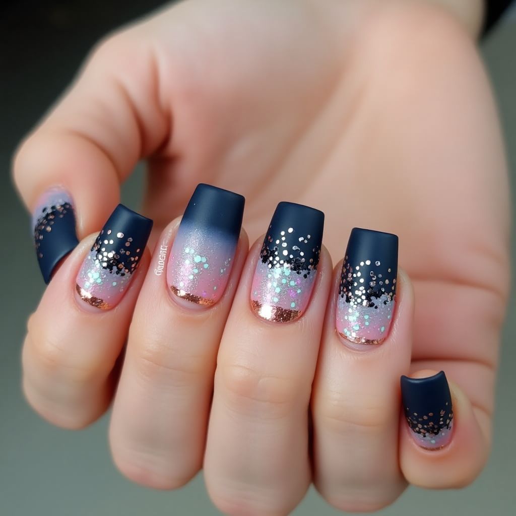 Square Glitter Flakes Nail Design