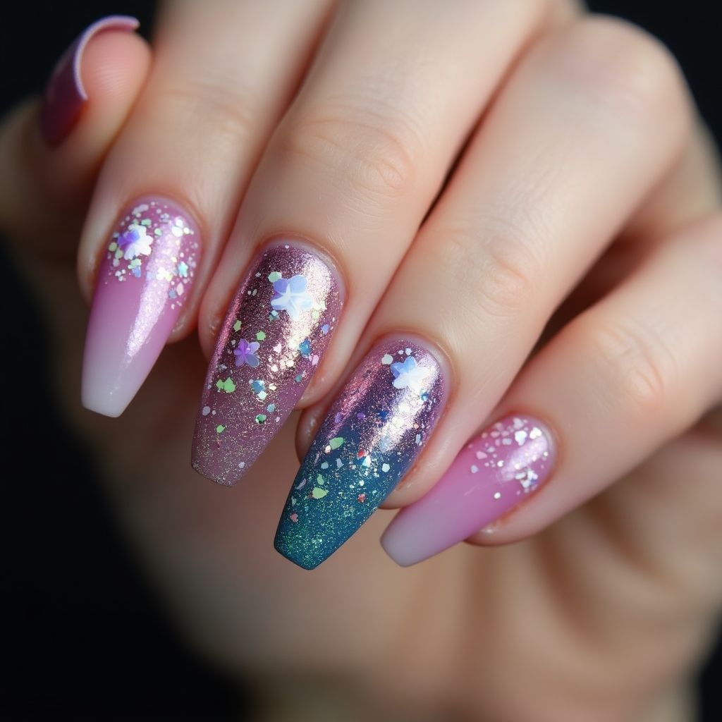 Coffin Glitter Flakes Nail Design