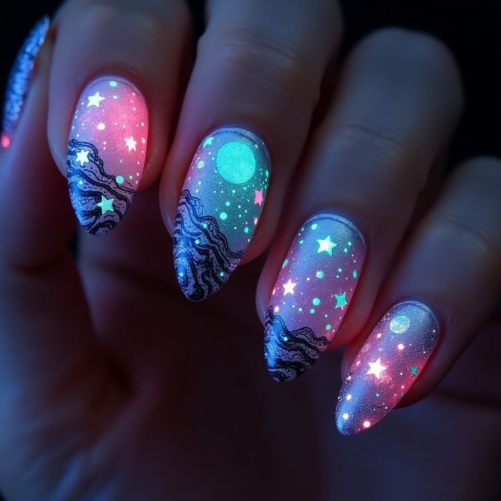 Almond Glow In The Dark Polish Nail Design