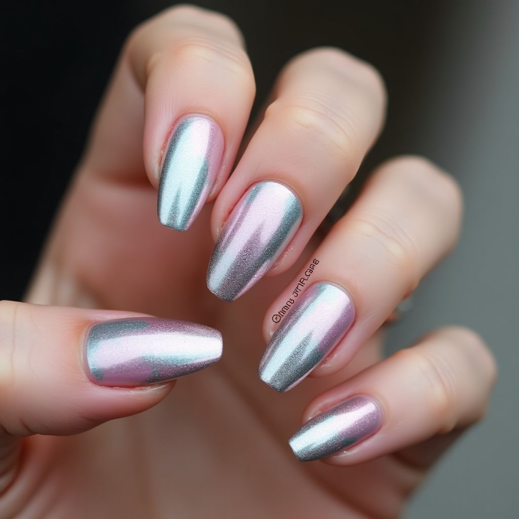 Coffin Chrome Powder Nail Design