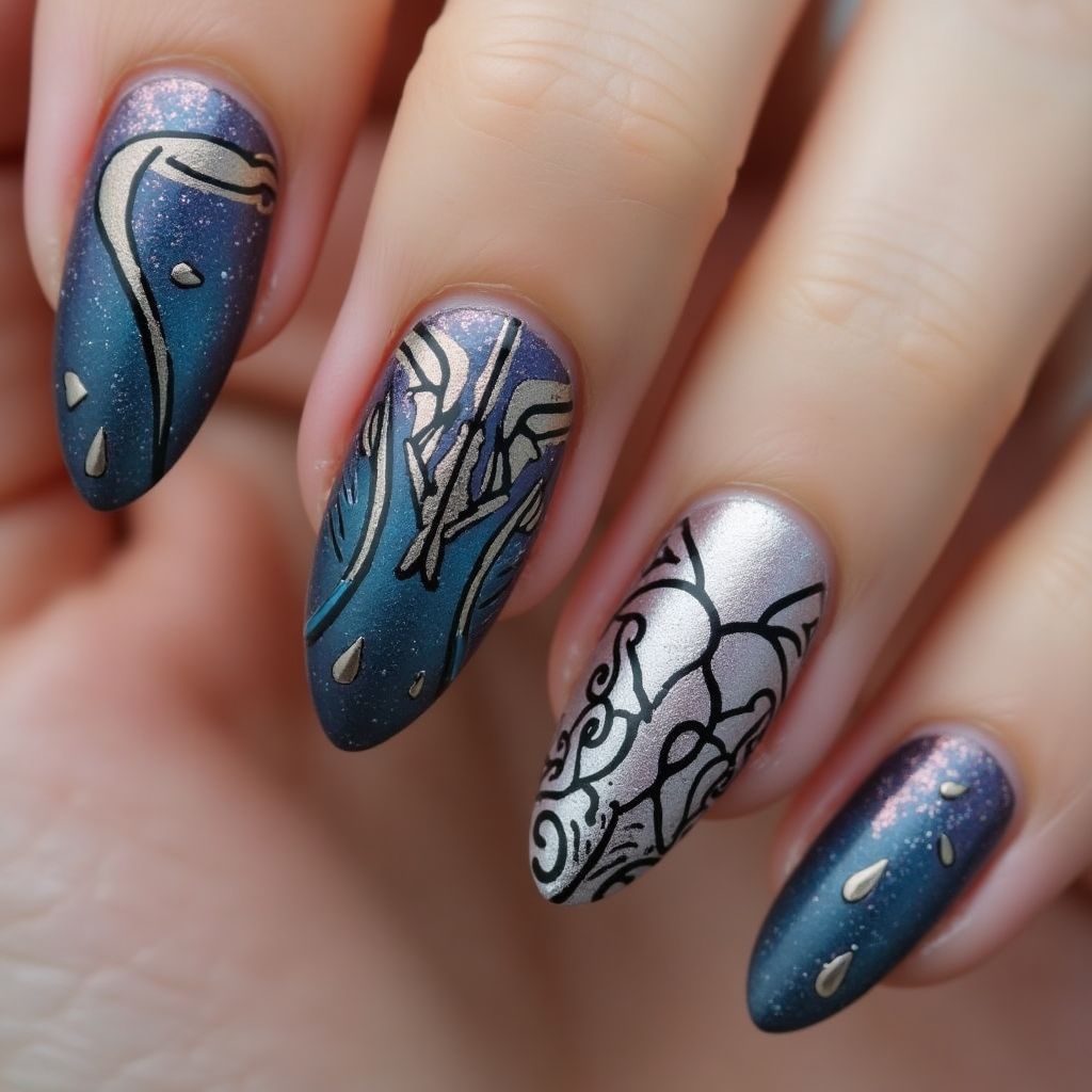 Coffin Chrome Powder Nail Design