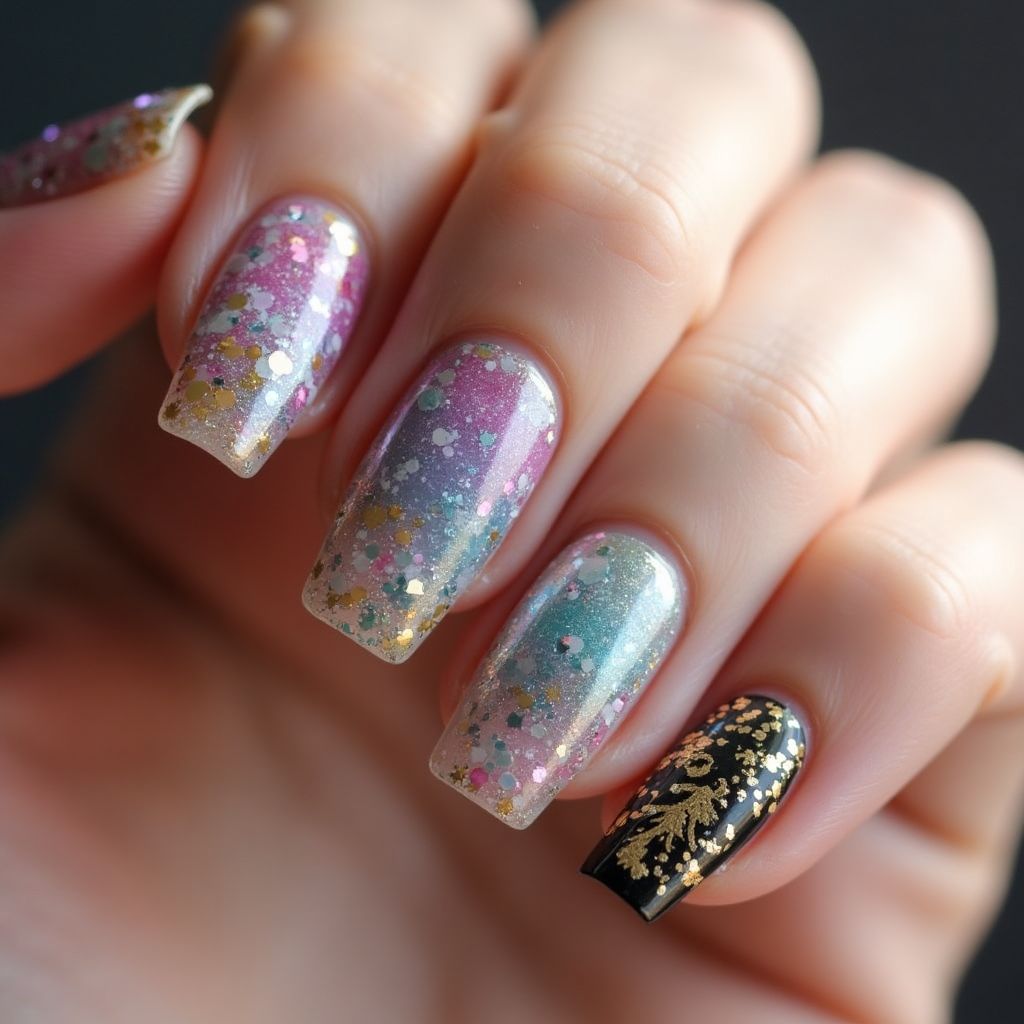 Square Glitter flakes Nail Design