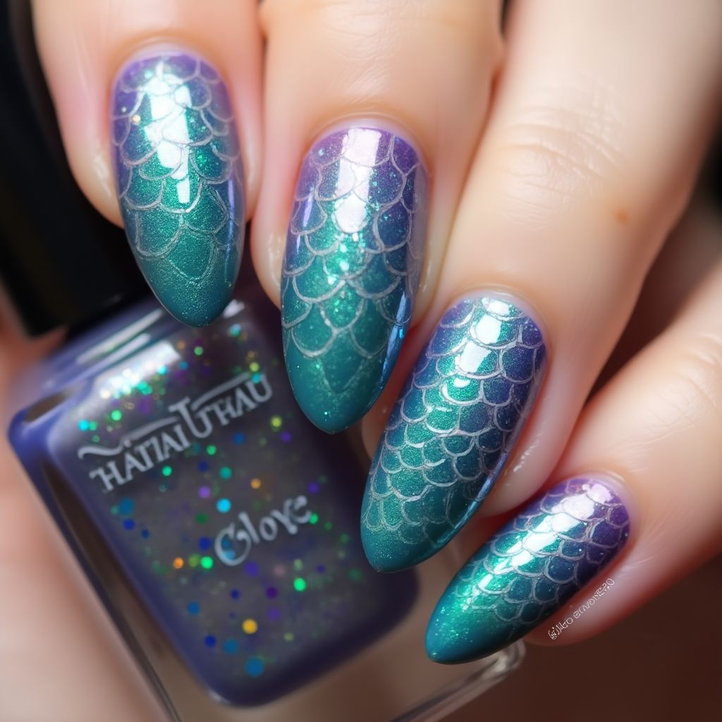 Stiletto Mermaid Powder Nail Design