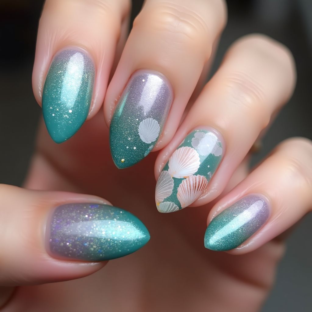 Almond Mermaid Powder Nail Design