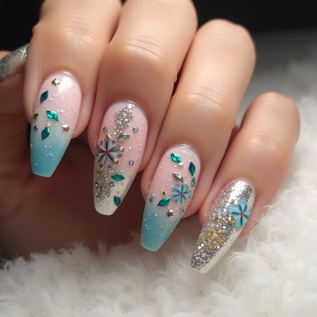 Glitter Flakes Stiletto Nail Design