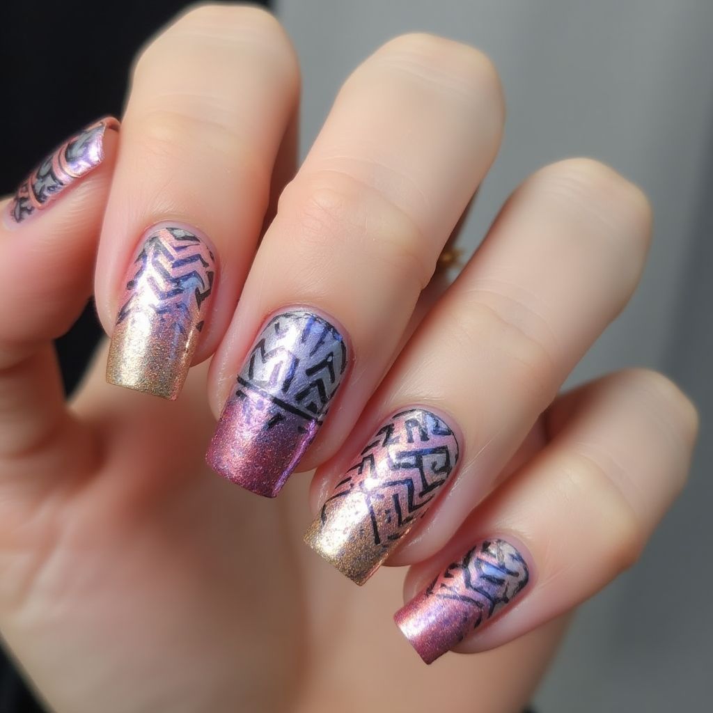 Square Chrome Powder Nail Design