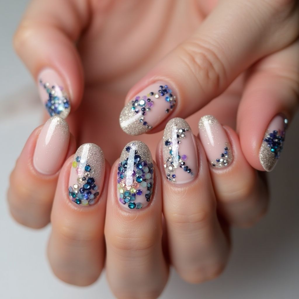 Rhinestones Round Nail Design