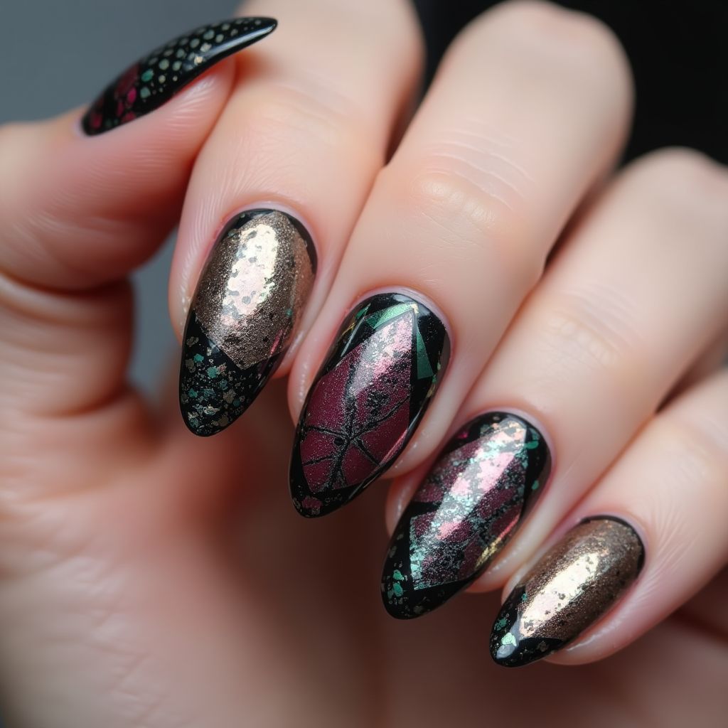 Coffin Chrome Powder Nail Design