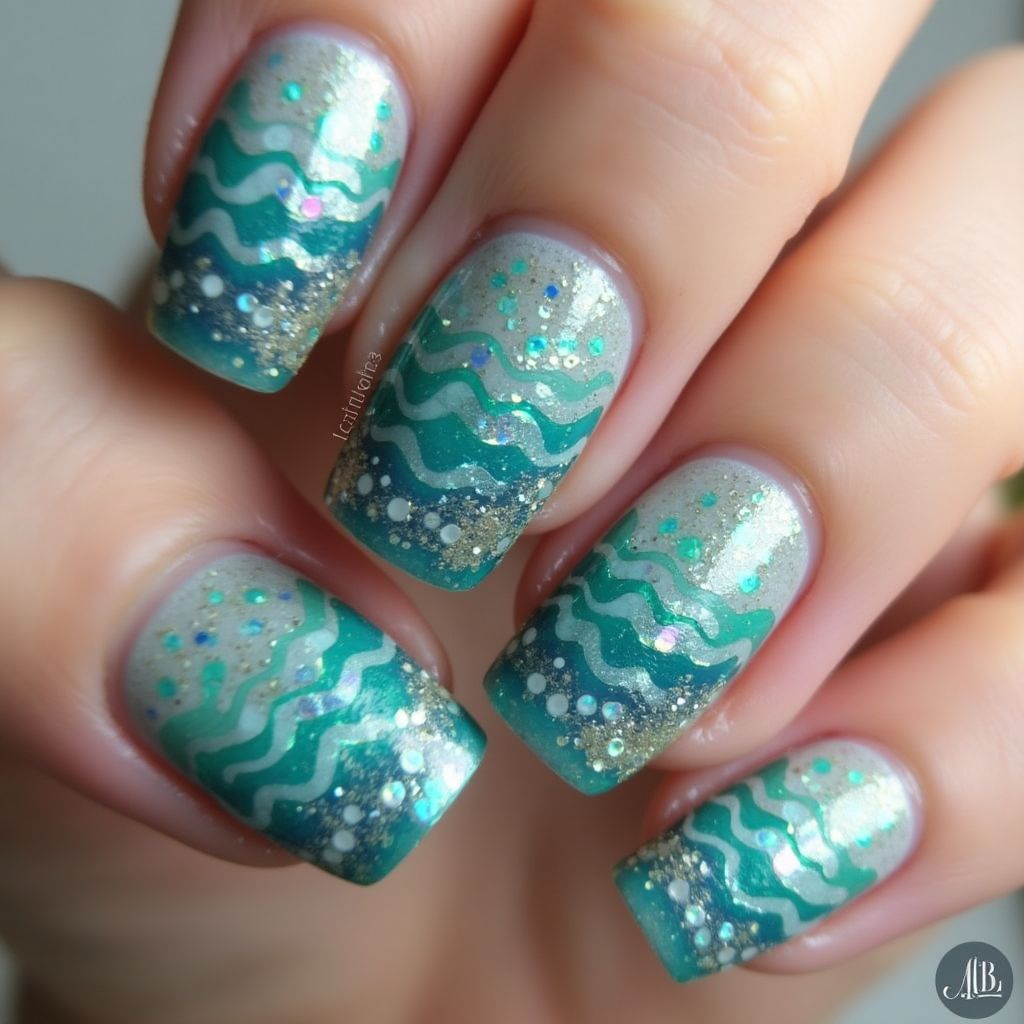 Square Mermaid Powder Nail Design