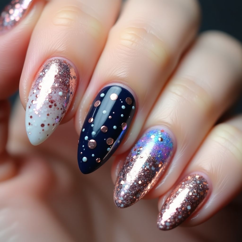 Almond Glitter Flakes Nail Design
