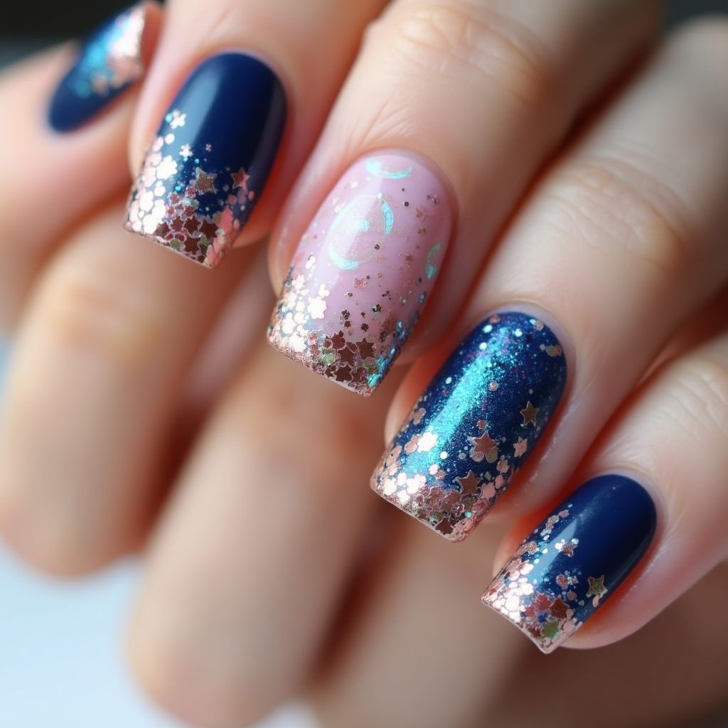 Round Glitter powder Nail Design