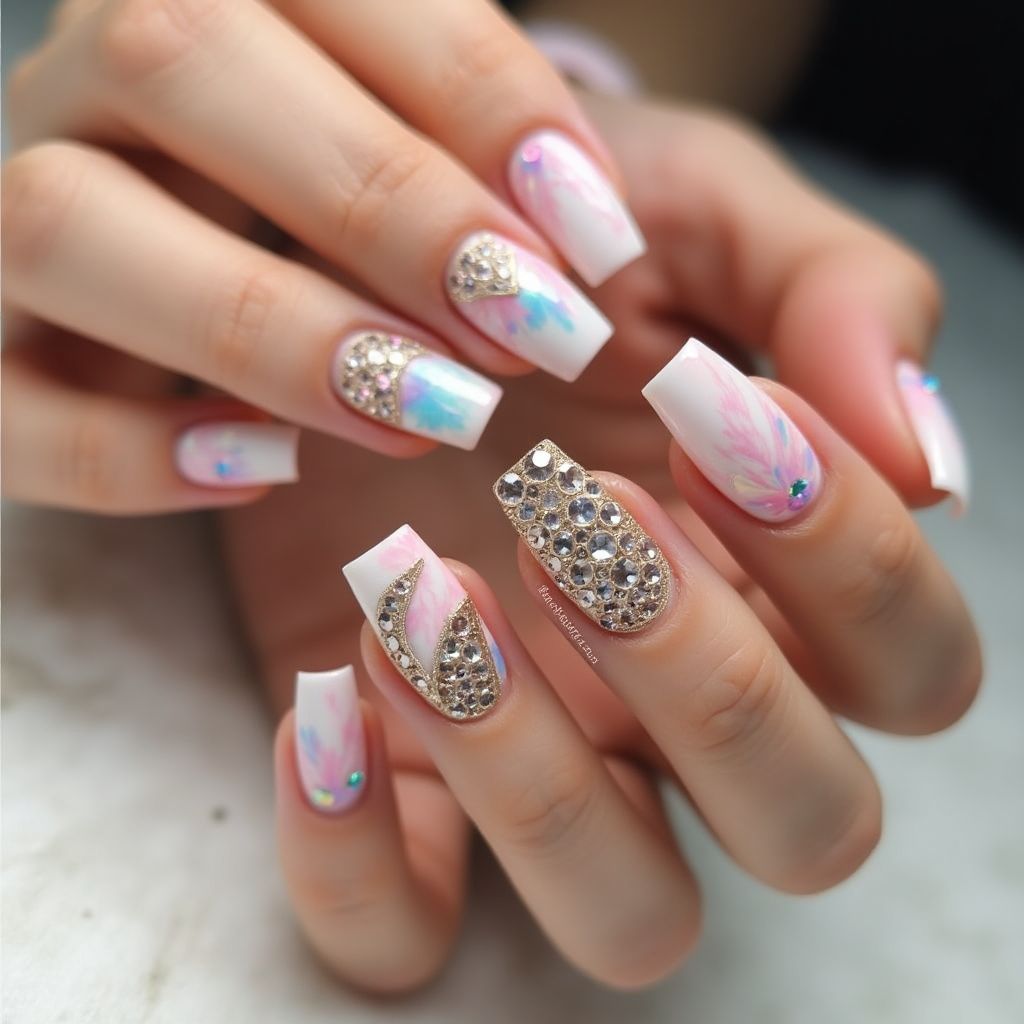 Square Rhinestones Nail Design