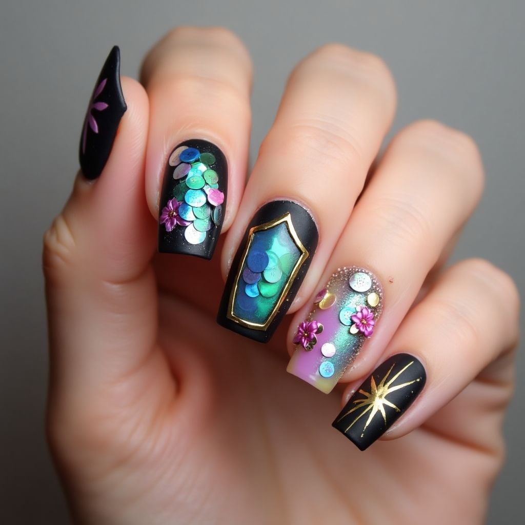 Coffin Sequins Nail Design