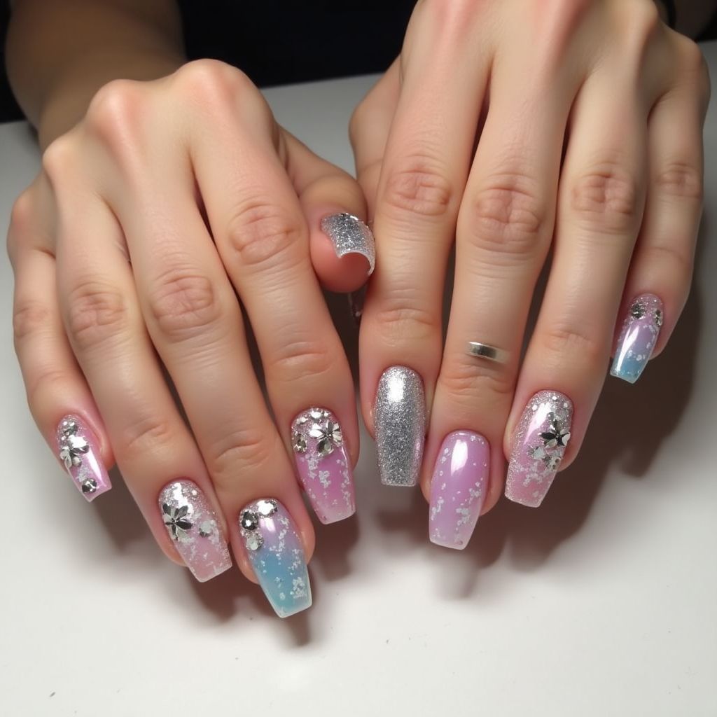 Square Rhinestones Nail Design