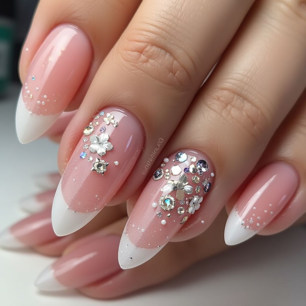 Almond Rhinestones Nail Design