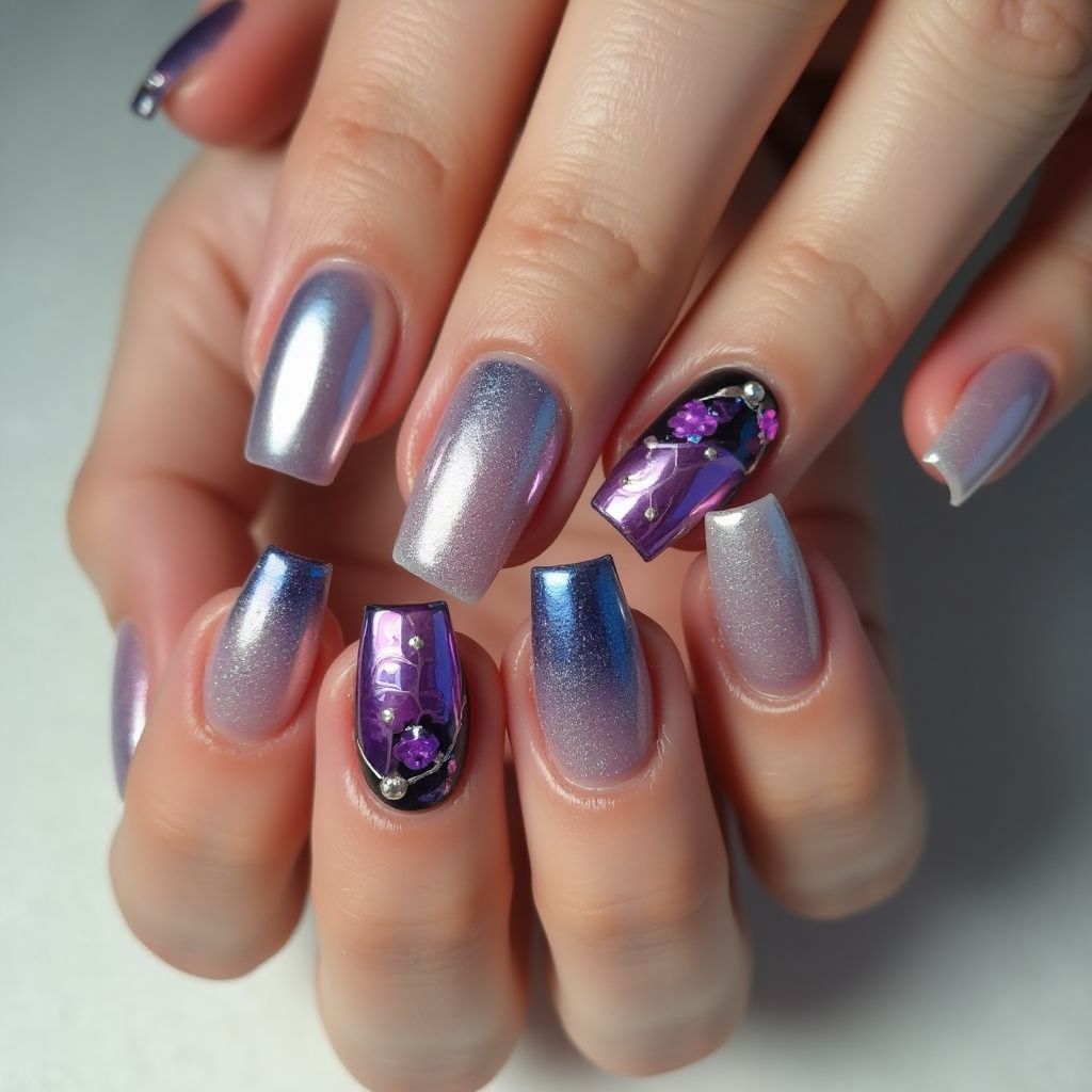 Square Chrome Powder Nail Design