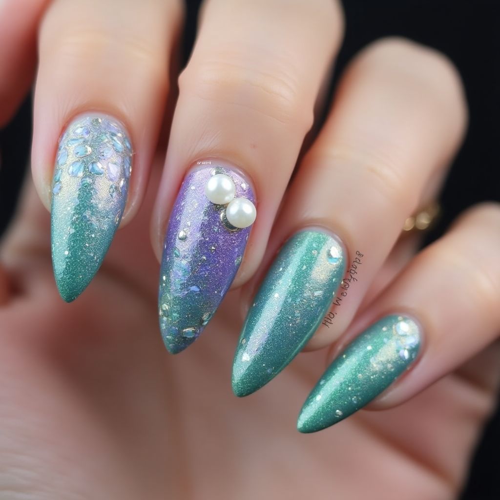 Mermaid Powder Stiletto Nail Design