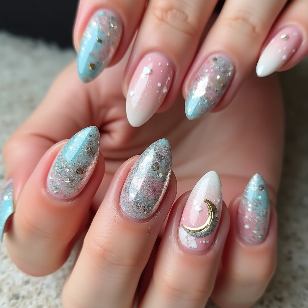 Almond Glitter Powder Nail Design