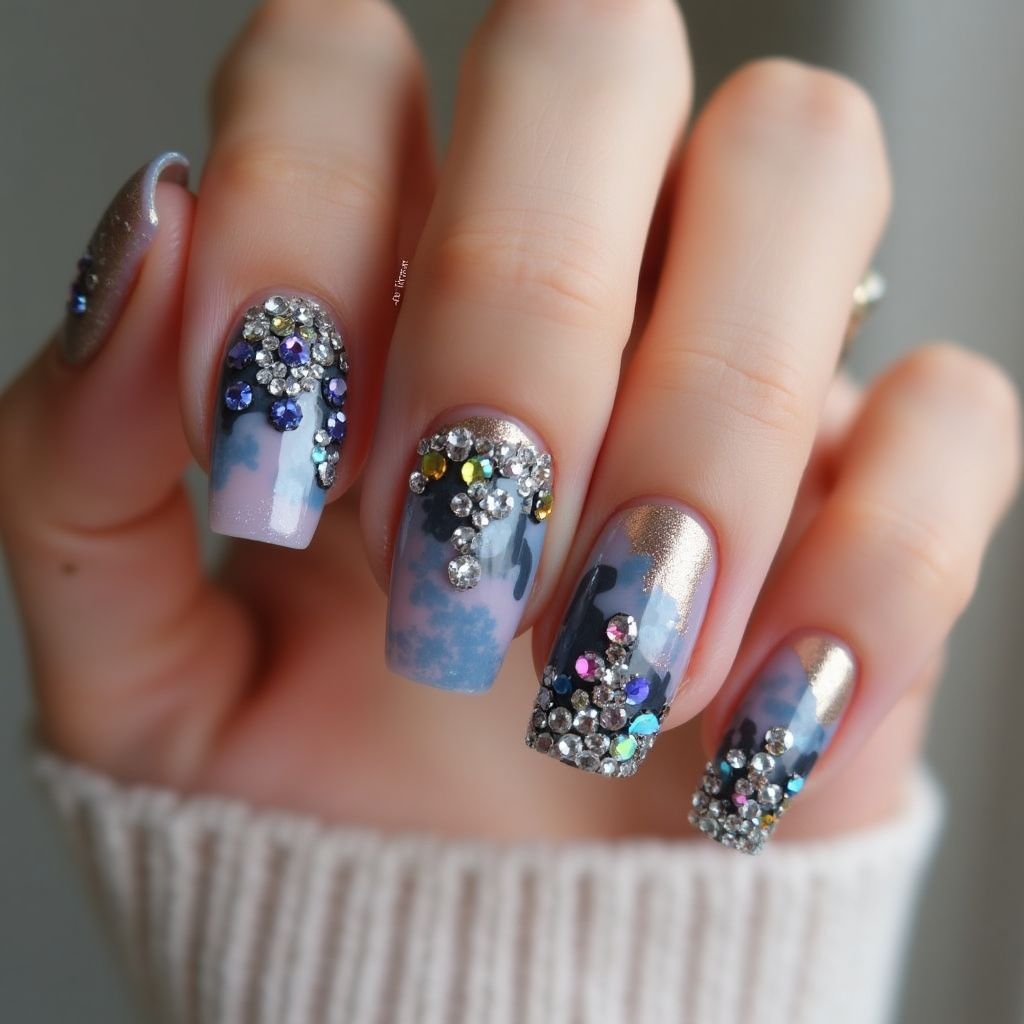 Square Rhinestones Nail Design