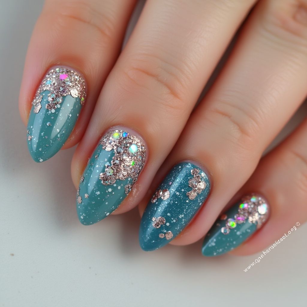 Almond Glitter Powder Nail Design