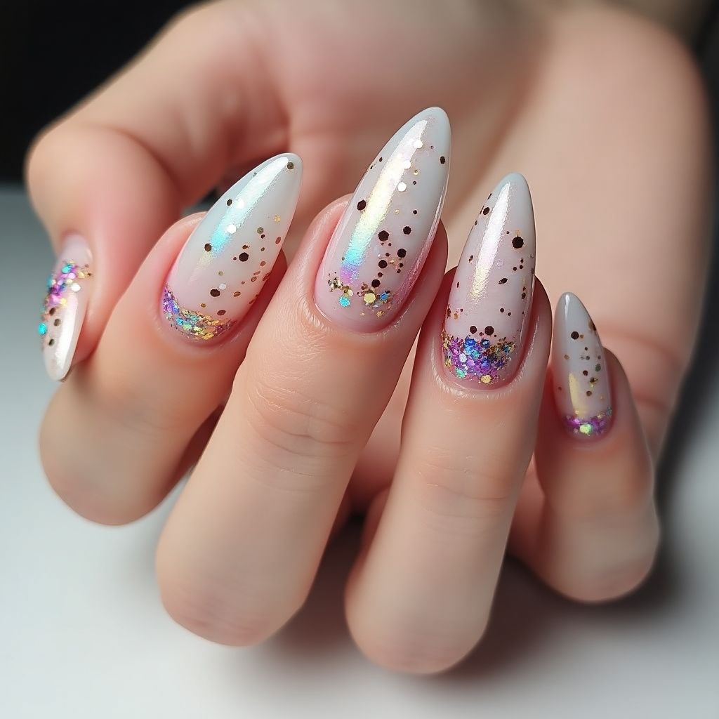 Glitter Flakes Almond Nail Design