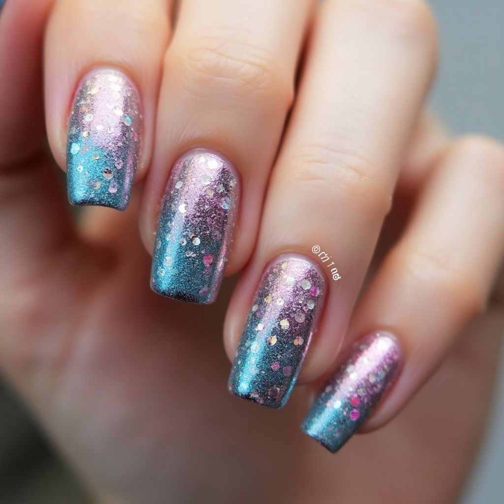 Glitter Flakes Square Nail Design