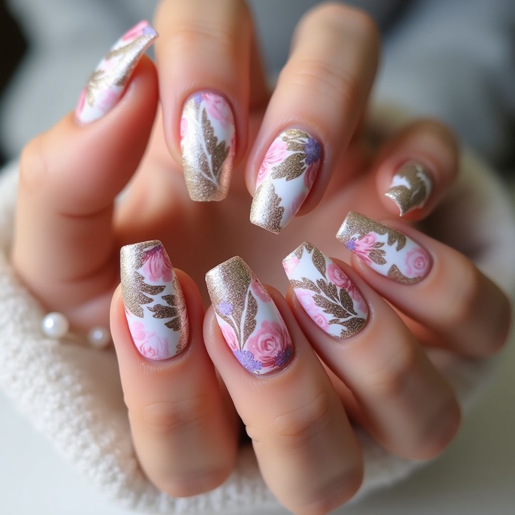 Glitter powder Freehand art Nail Design