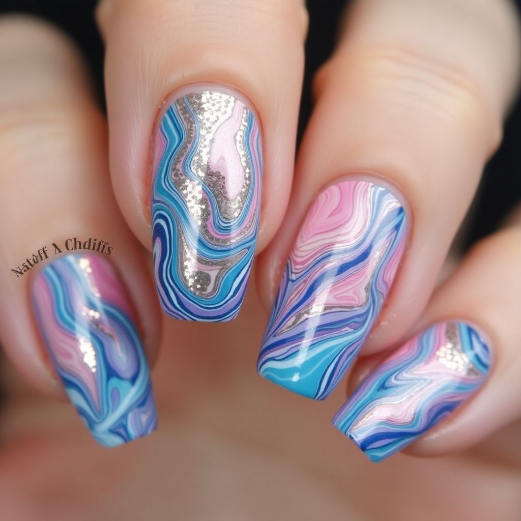 Acrylic Colors Water Marbling Nail Design