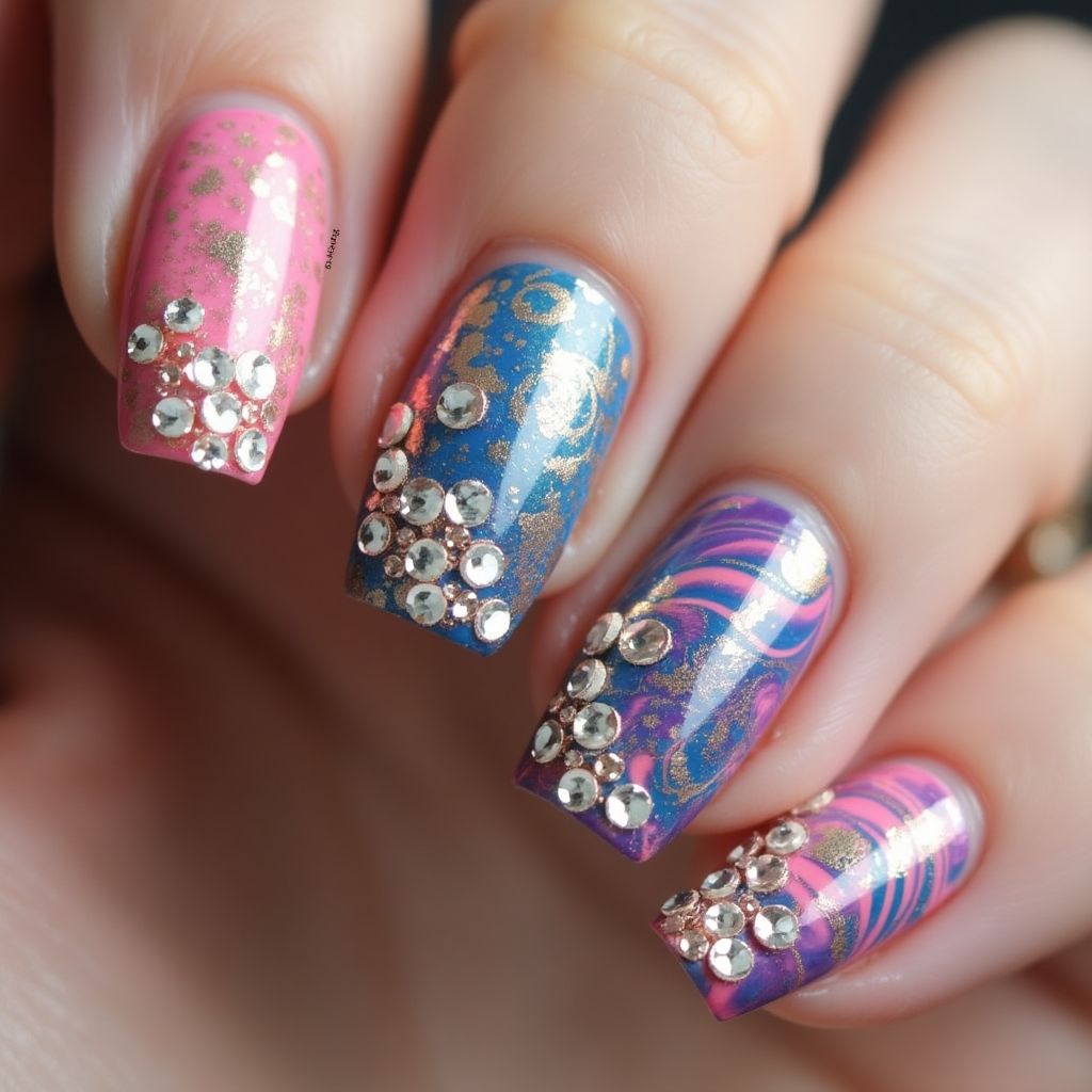 Rhinestones Water Marbling Nail Design