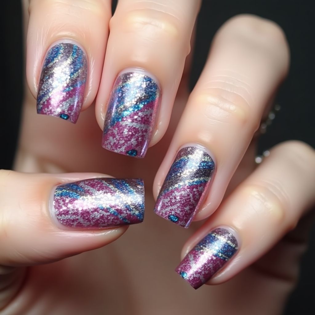 Sequins Water Marbling Nail Design