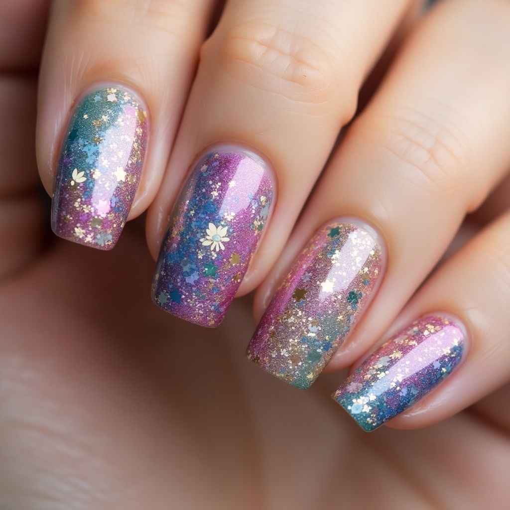 Glitter Flakes Freehand Art Nail Design