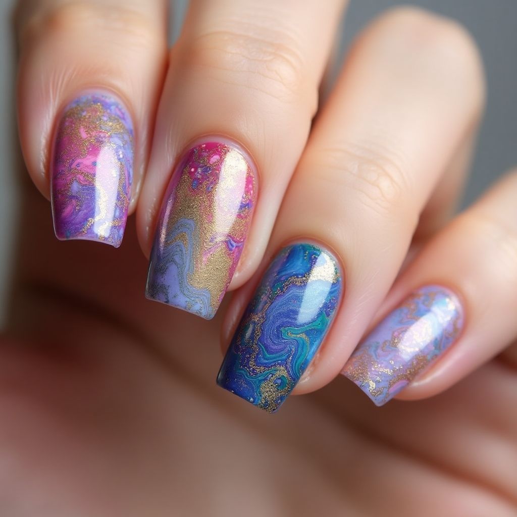 Wax Pencils Water Marbling Nail Design