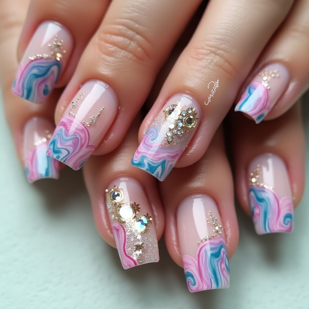 Rhinestones Water Marbling Nail Design