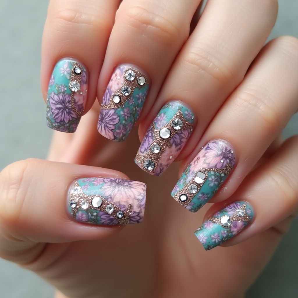 Rhinestones Freehand Art Nail Design