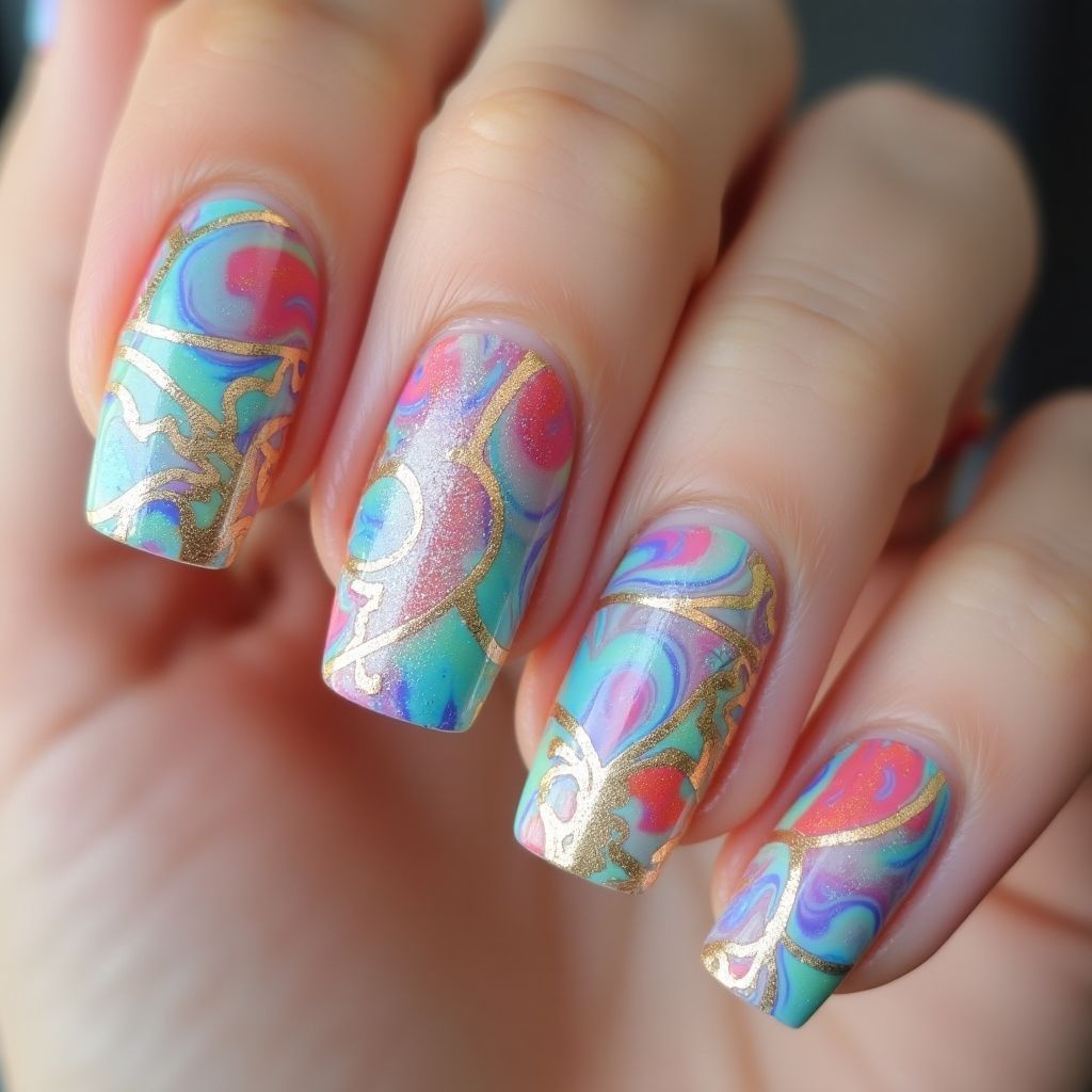 Acrylic Powder Water Marbling Nail Design