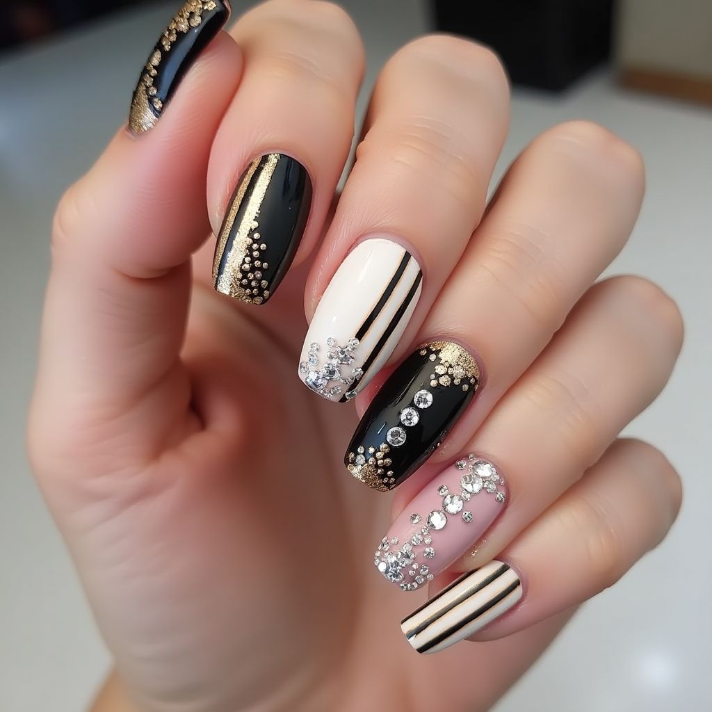 Rhinestones Stripes And Lines Nail Design