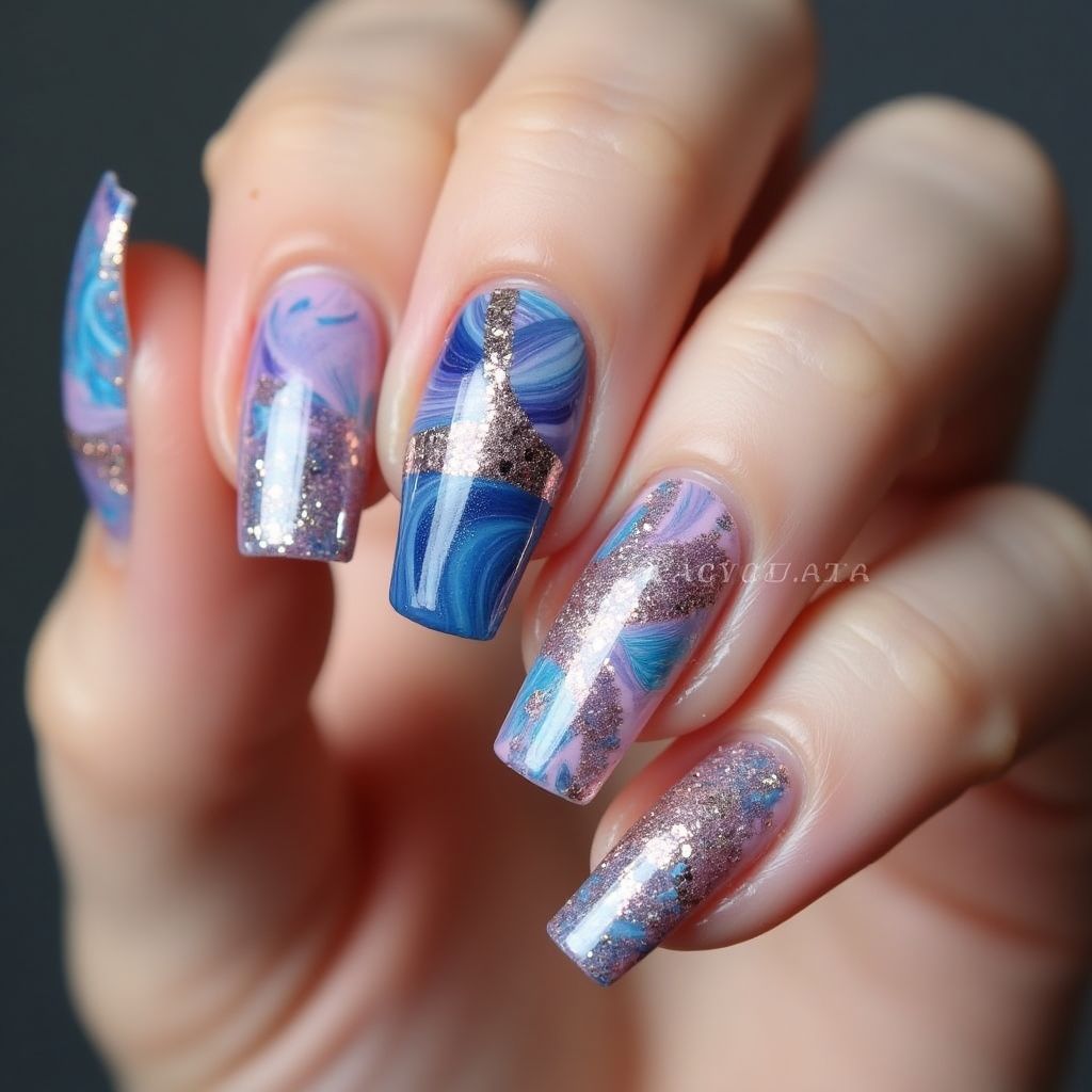 Rhinestones Water Marbling Nail Design