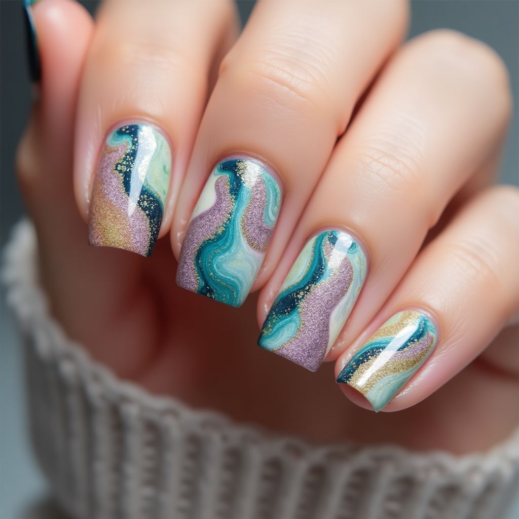 Wax Pencils Water Marbling Nail Design
