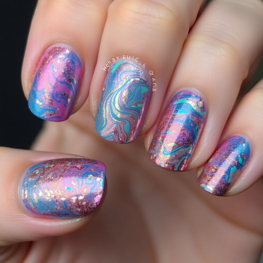 Sequins Water Marbling Nail Design