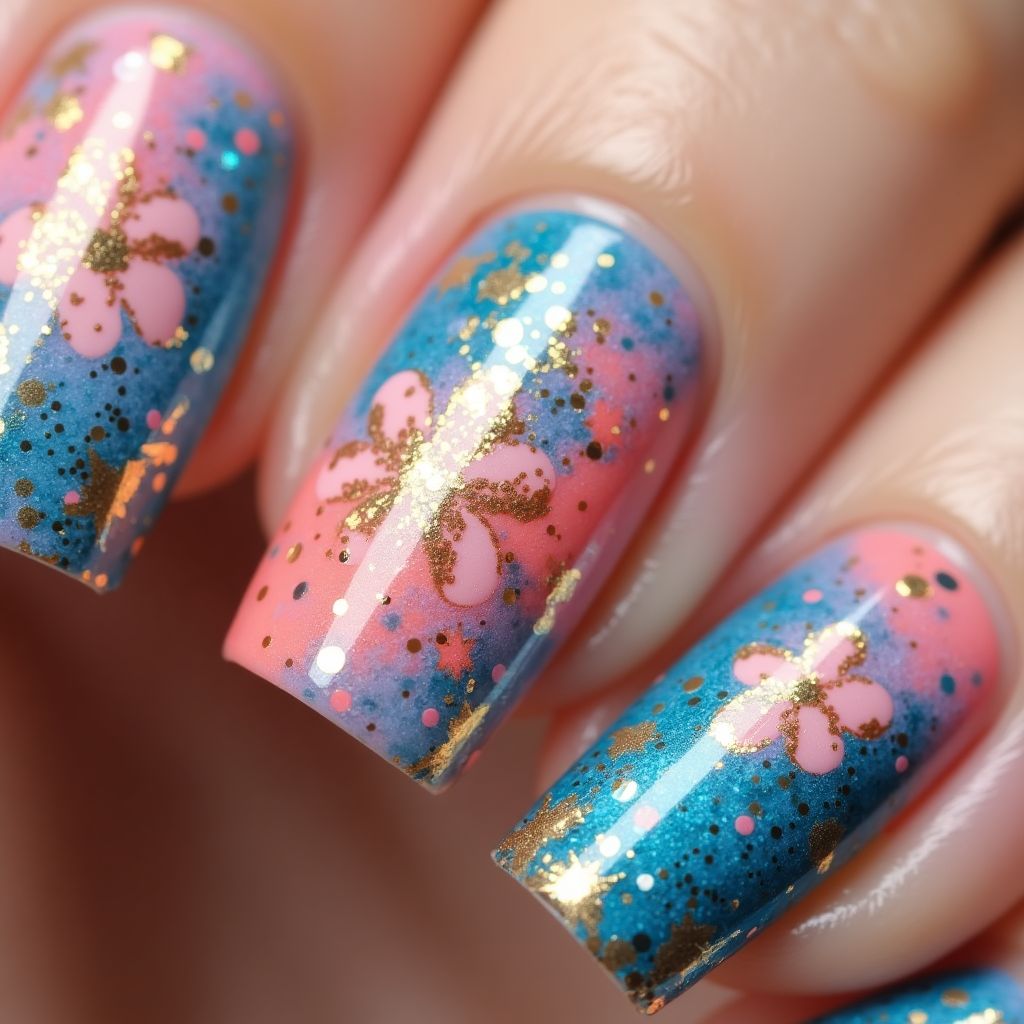 Glitter Powder Water Marbling Nail Design