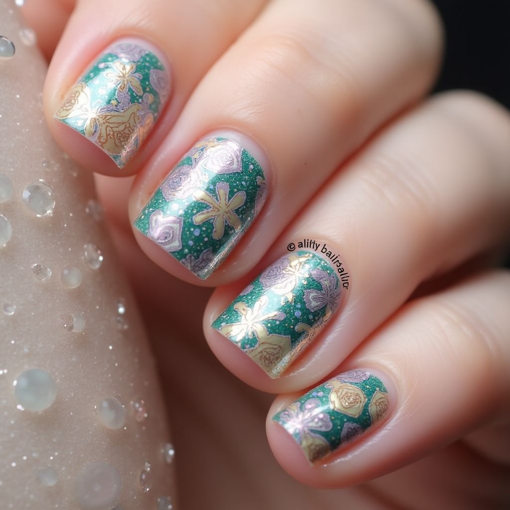 Glitter Flakes Freehand Art Nail Design