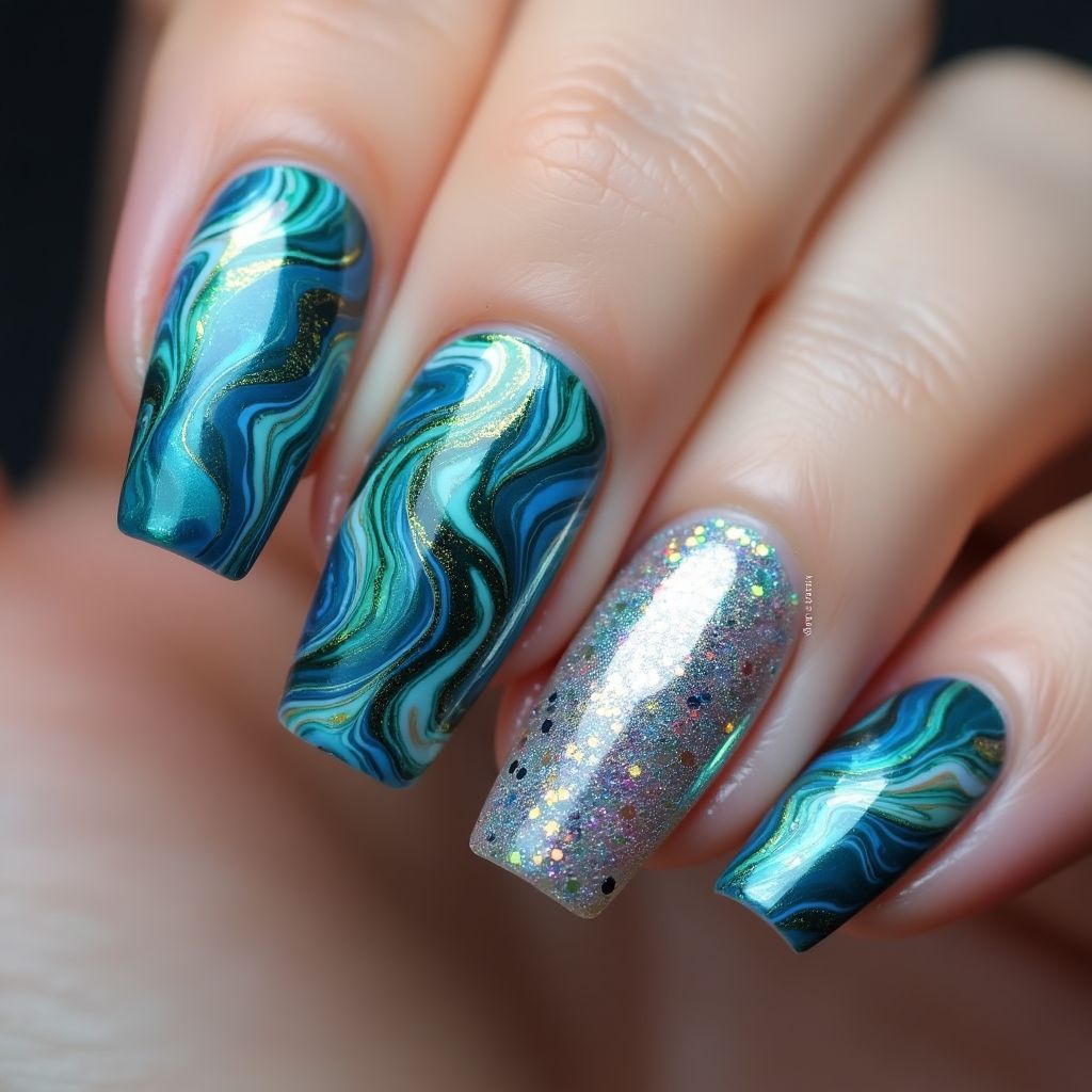 Holo powder Water marbling Nail Design