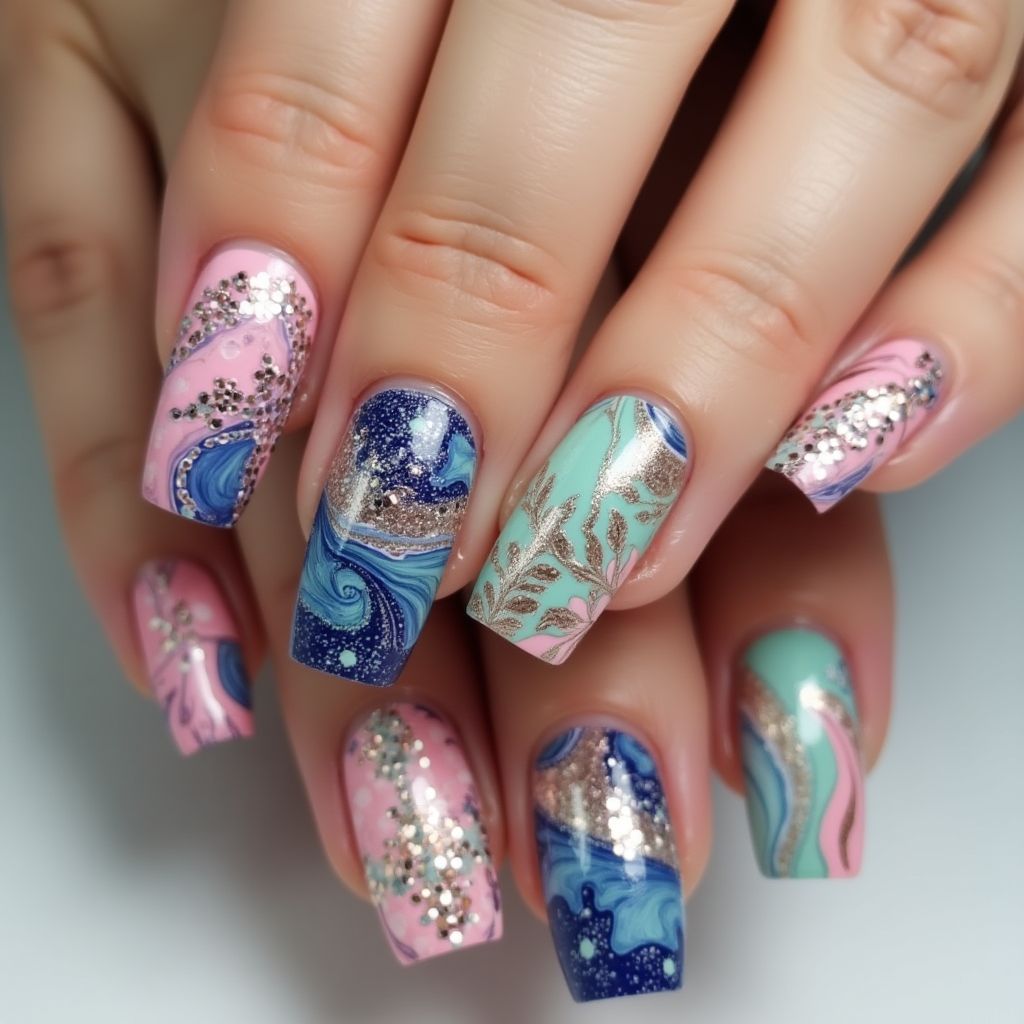 Caviar Beads Water Marbling Nail Design