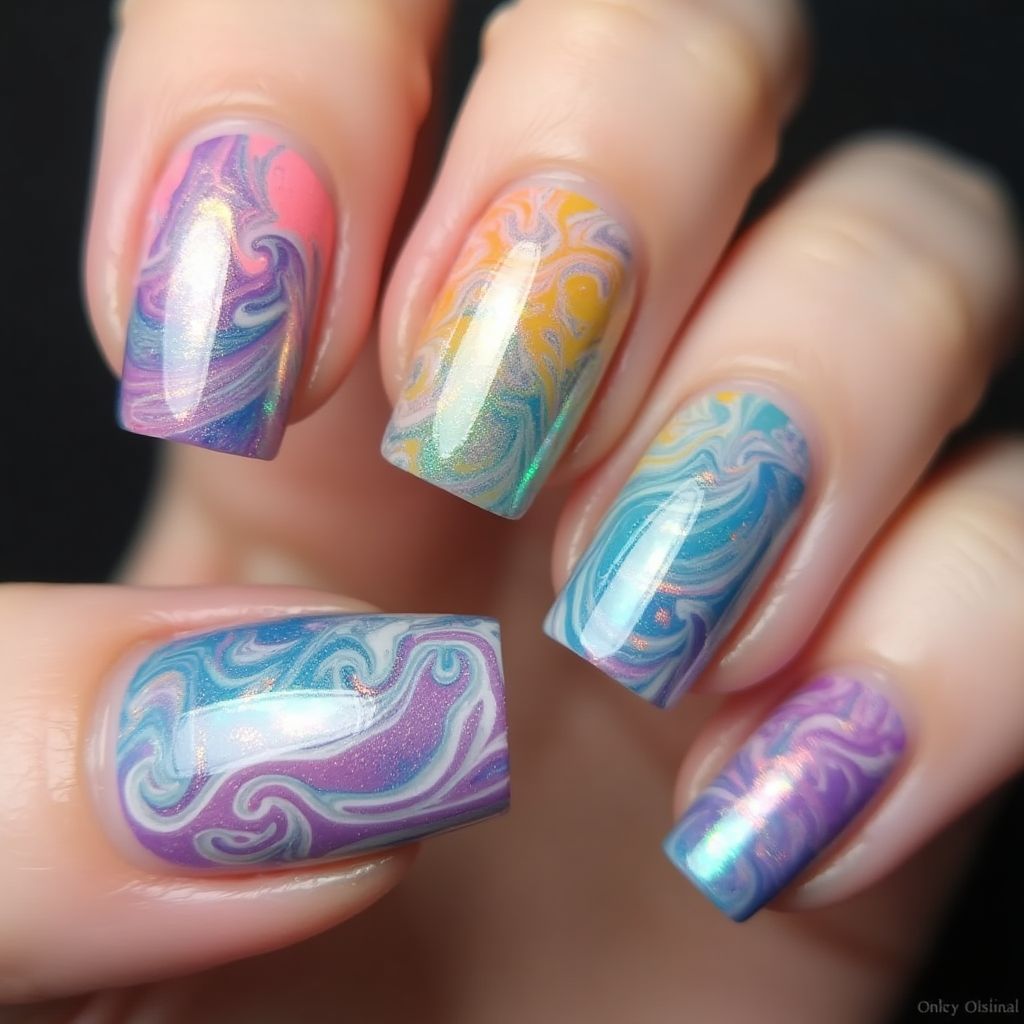 Holo Powder Water Marbling Nail Design