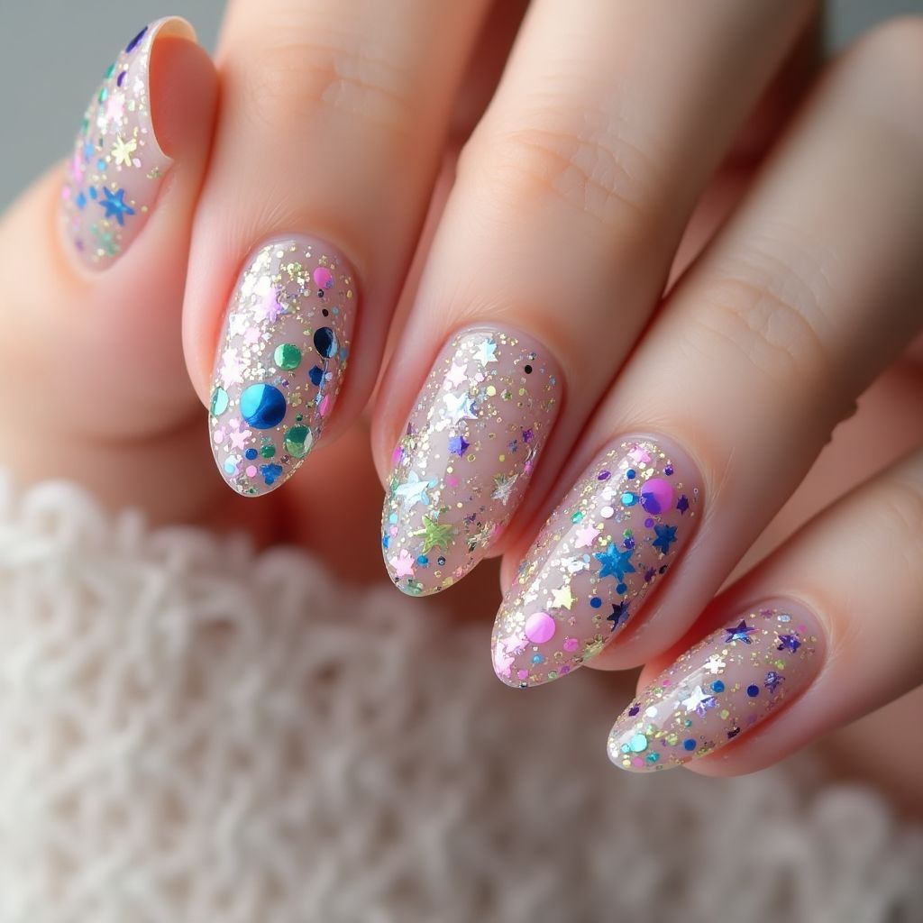 Glitter Flakes Dotting Nail Design