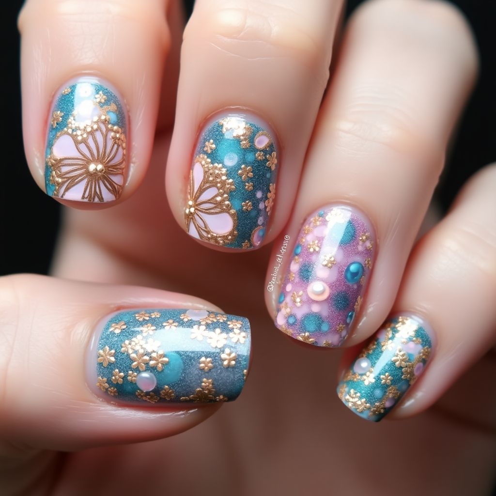 Caviar Beads Water Marbling Nail Design