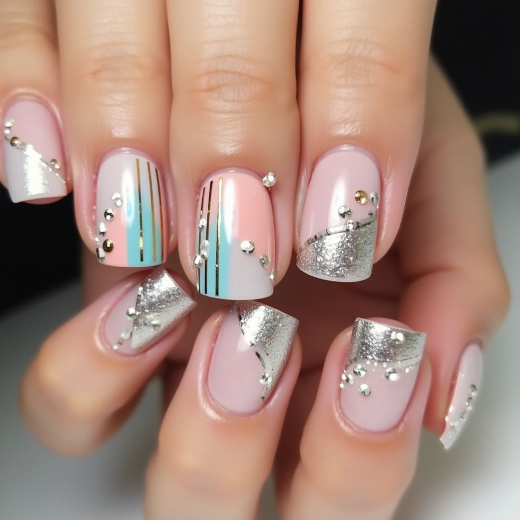 Rhinestones Stripes And Lines Nail Design