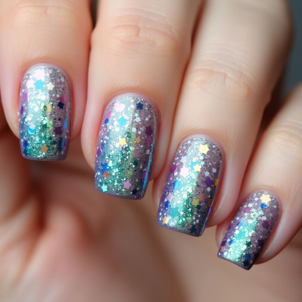 Glitter Flakes Dotting Nail Design