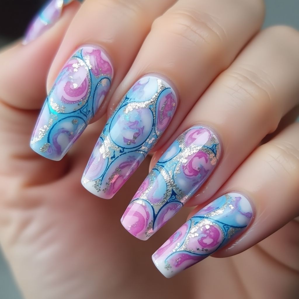 Poly Gel Water Marbling Nail Design