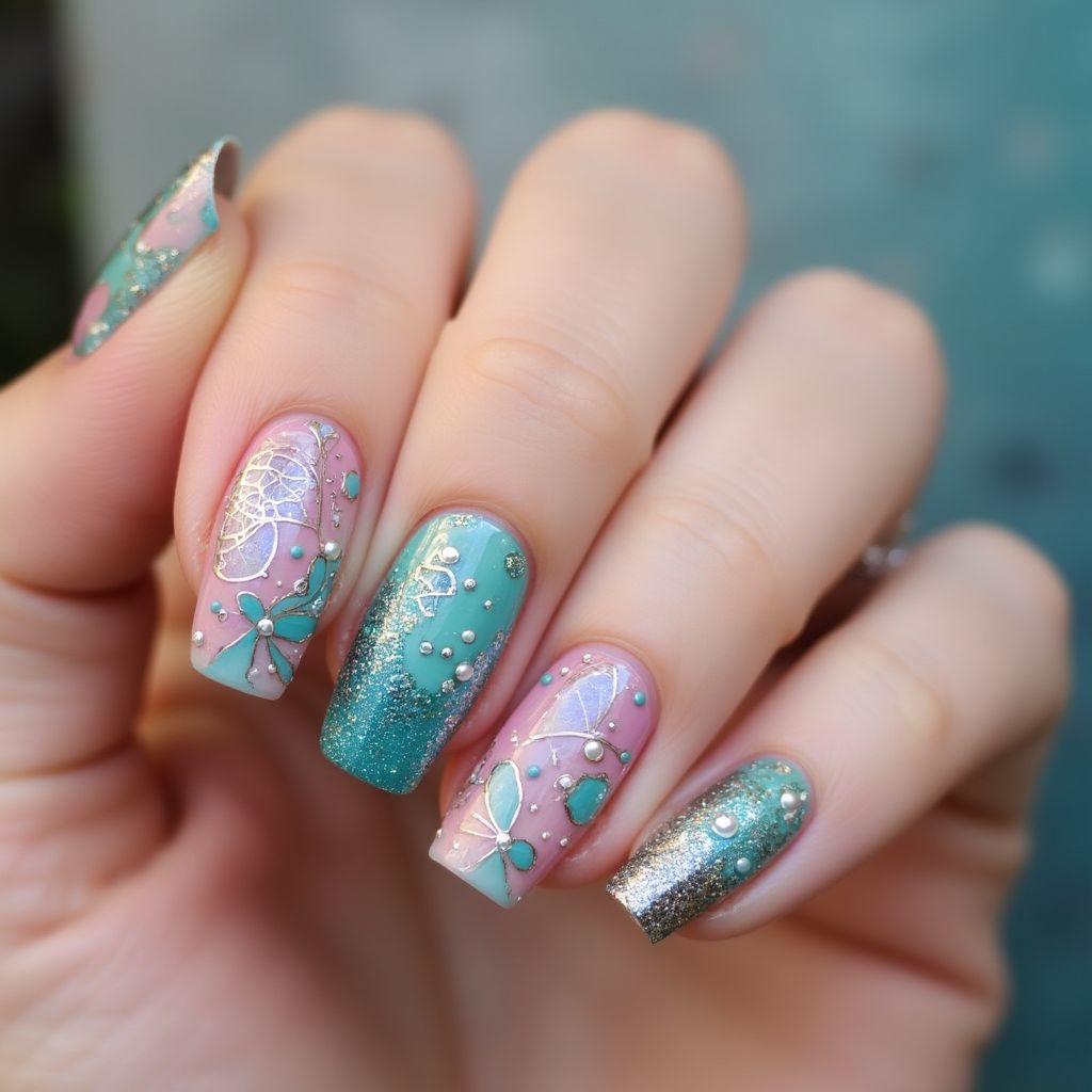 Mermaid Powder Freehand Art Nail Design